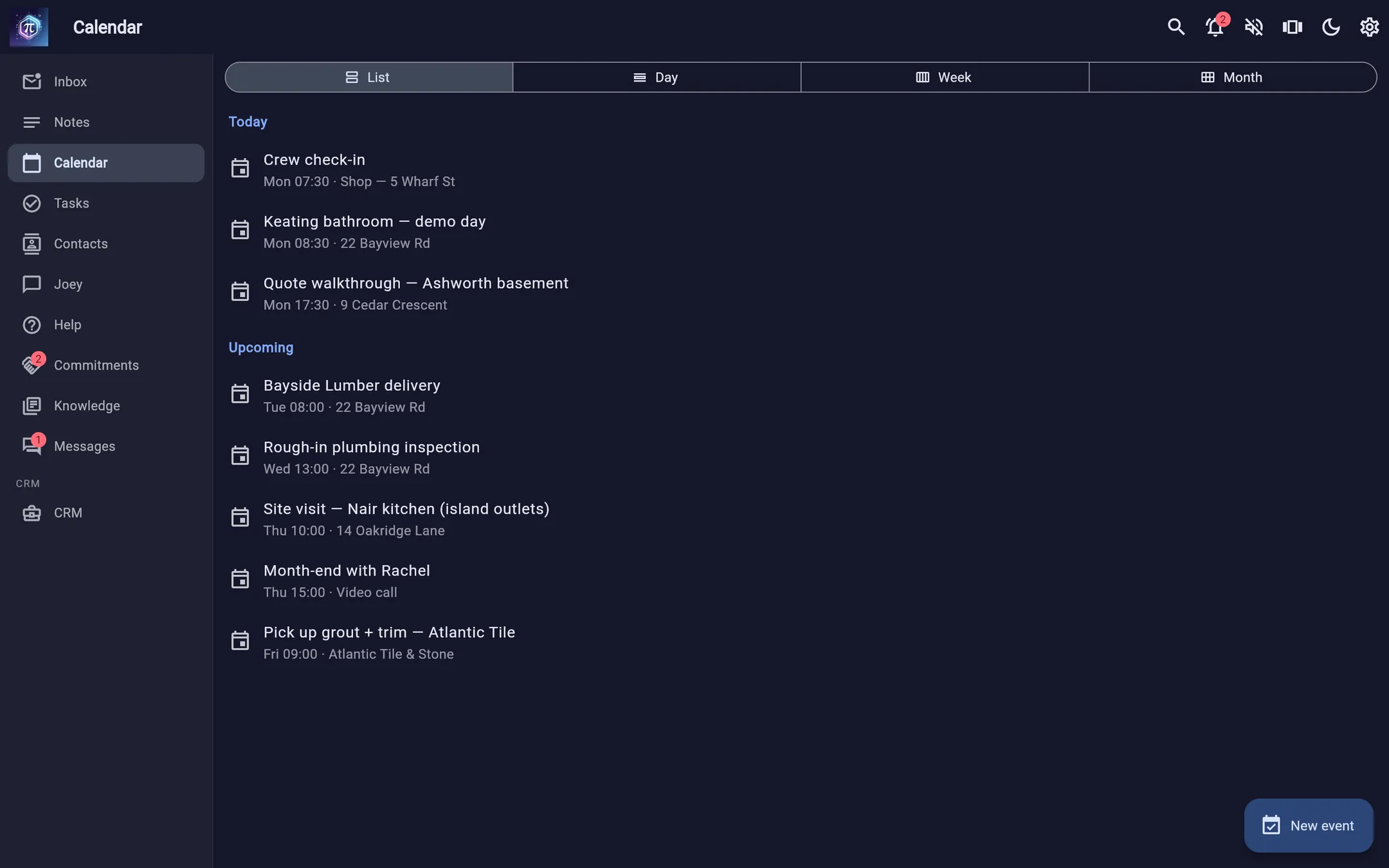 Hexxy's calendar: today's crew check-in, demo and walkthrough, then the week ahead.