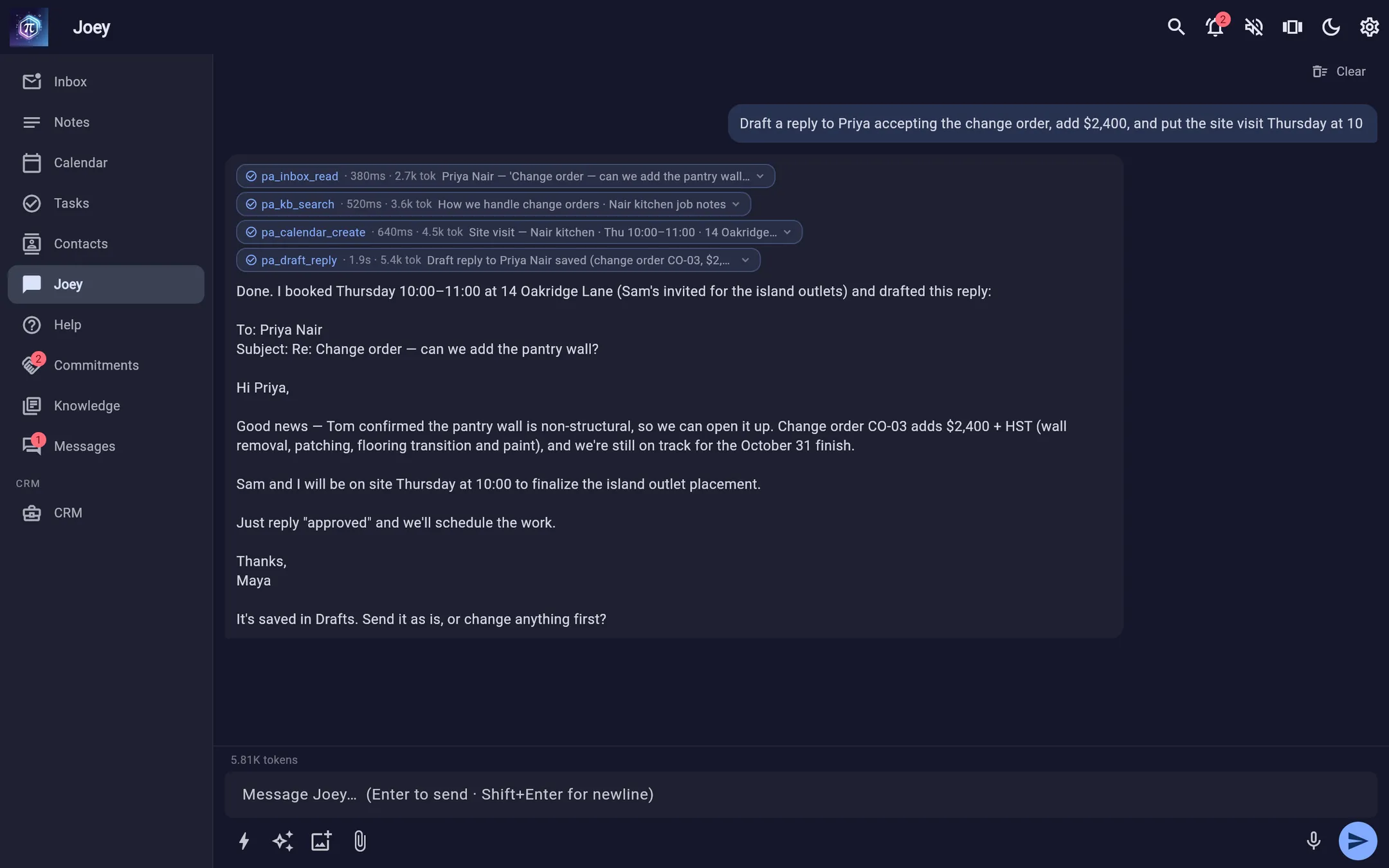 Joey in the Hexxy app: asked to accept a client's change order and book a site visit, it reads the thread, checks the change-order playbook, books Thursday at 10 and drafts the reply.