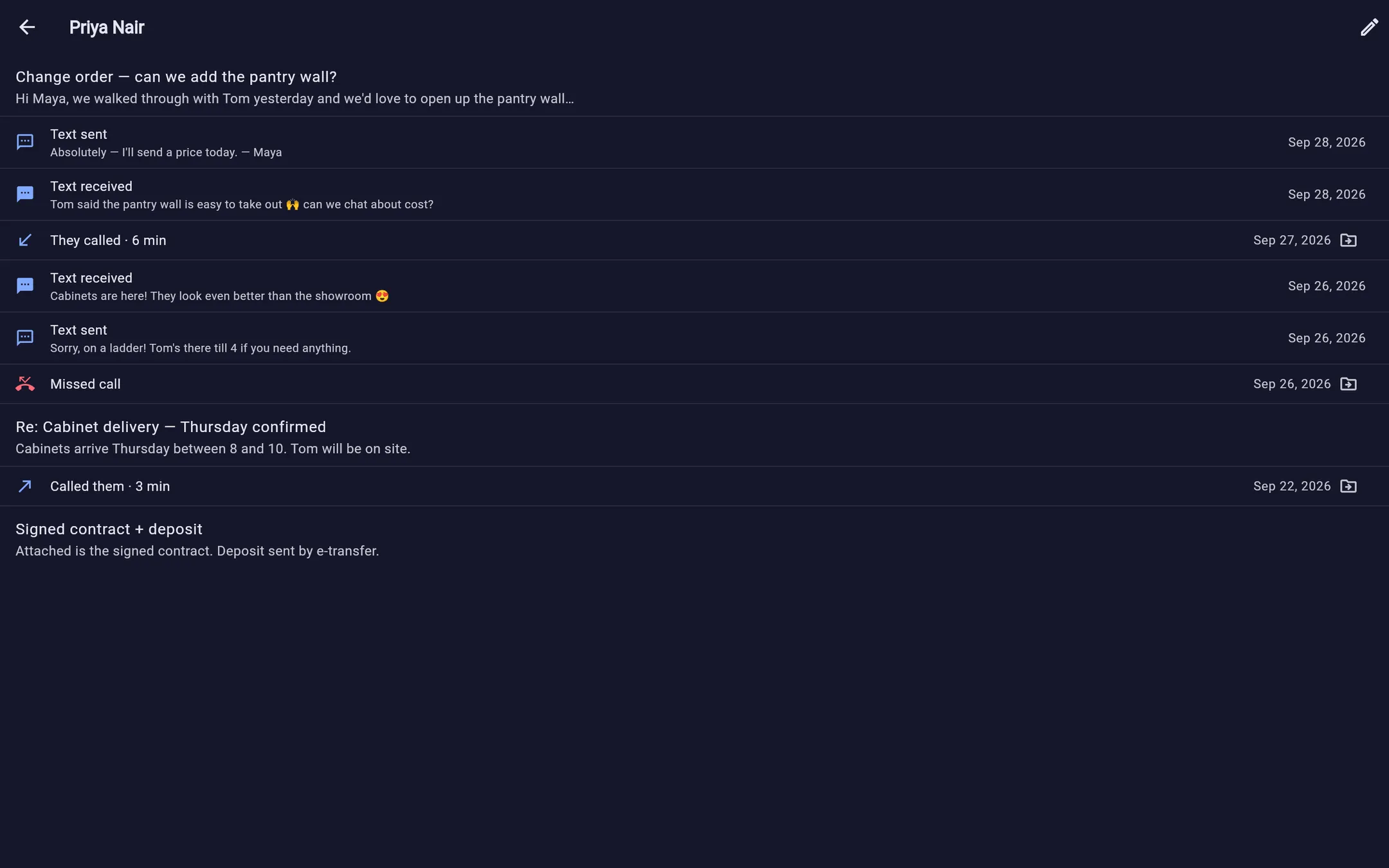 Priya Nair's page in Hexxy: emails, texts, calls and a missed call in one timeline.