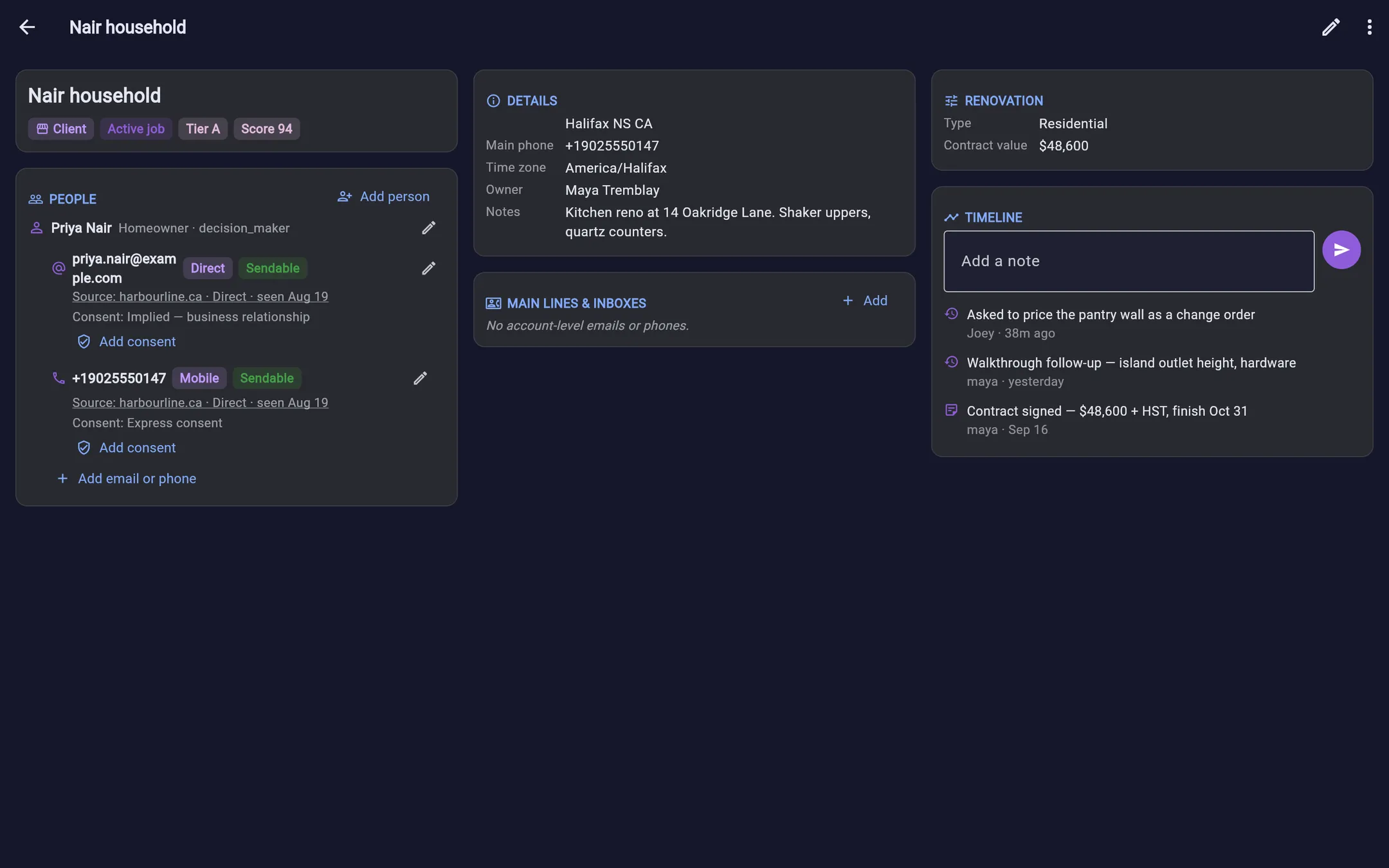 A customer record in Hexxy: contact channels, the renovation's value, and a timeline of every touch.