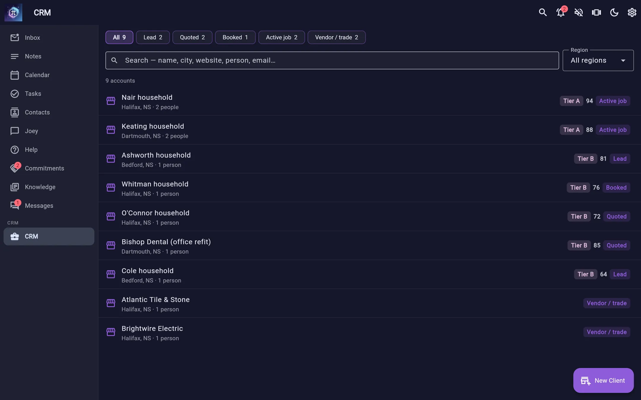Hexxy's customer list: accounts, people and where each one stands.