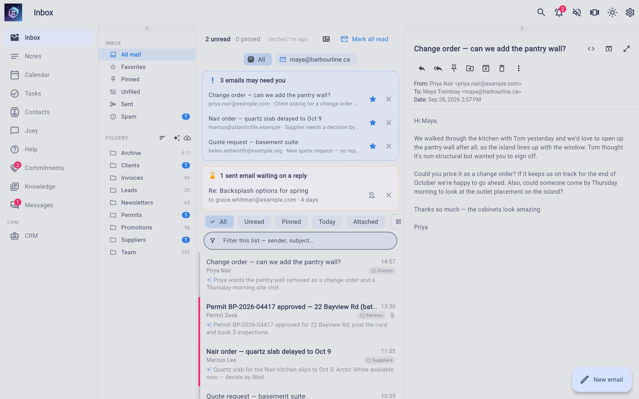The Hexxy inbox in its light theme: the Needs attention banner, one-line summaries under each message, and a client's email open.