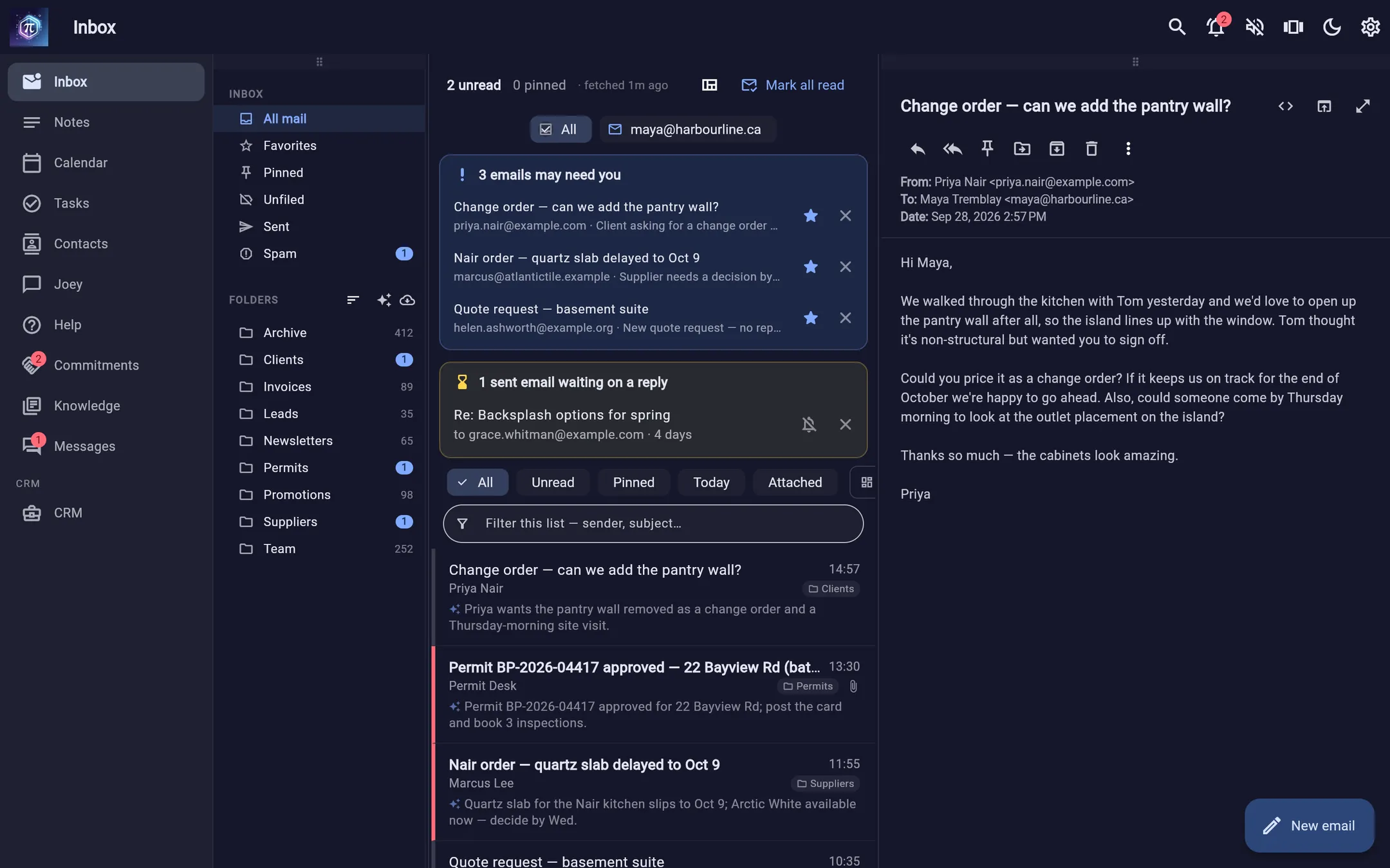 The Hexxy inbox: a list of mail on the left, a supplier's message open on the right, and a Needs attention banner at the top.