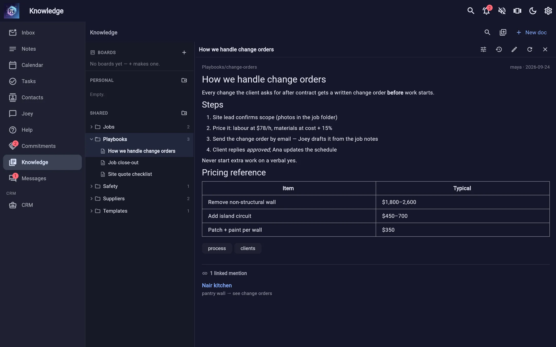 Hexxy's knowledge base showing the company's pages: pricing, suppliers, warranty policy.