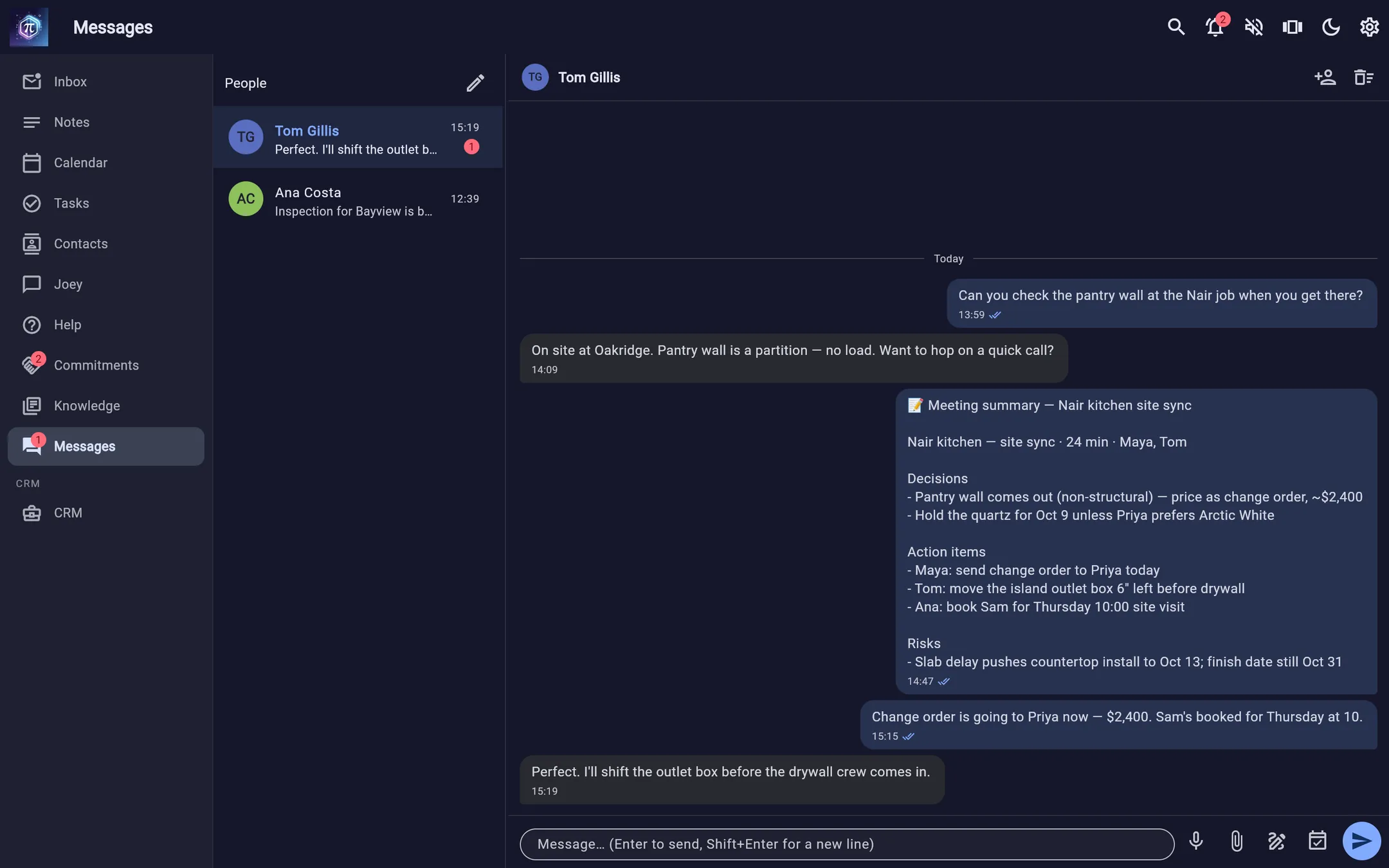 A team message thread in Hexxy with the site meeting's summary: decisions, action items and risks.