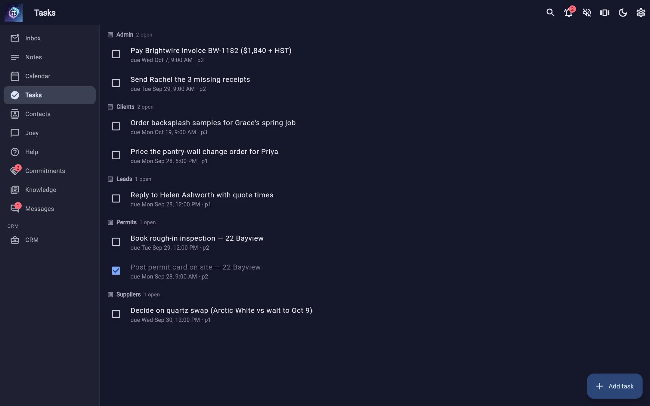 Hexxy's task list grouped into admin, clients, leads, permits and suppliers.